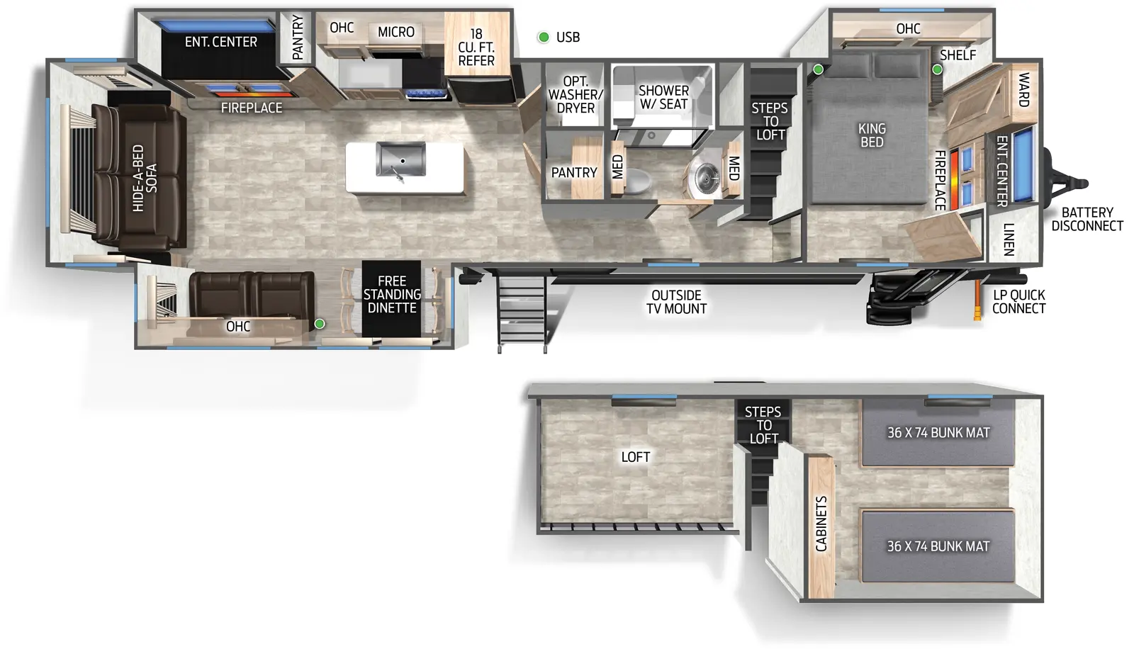 The Timberwolf 39DL floorplan has two entries and three slide outs. Exterior features include: metal exterior and 21' awning. Interiors features include: loft, kitchen island, free-standing dinette option, front bedroom and rear living.